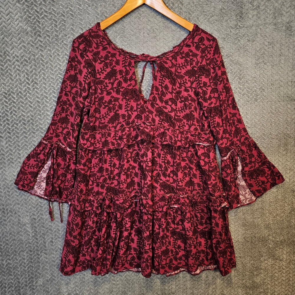 American Eagle Burgundy Floral Tiered Boho Mini‎ Dress Bell Sleeve Womens Medium